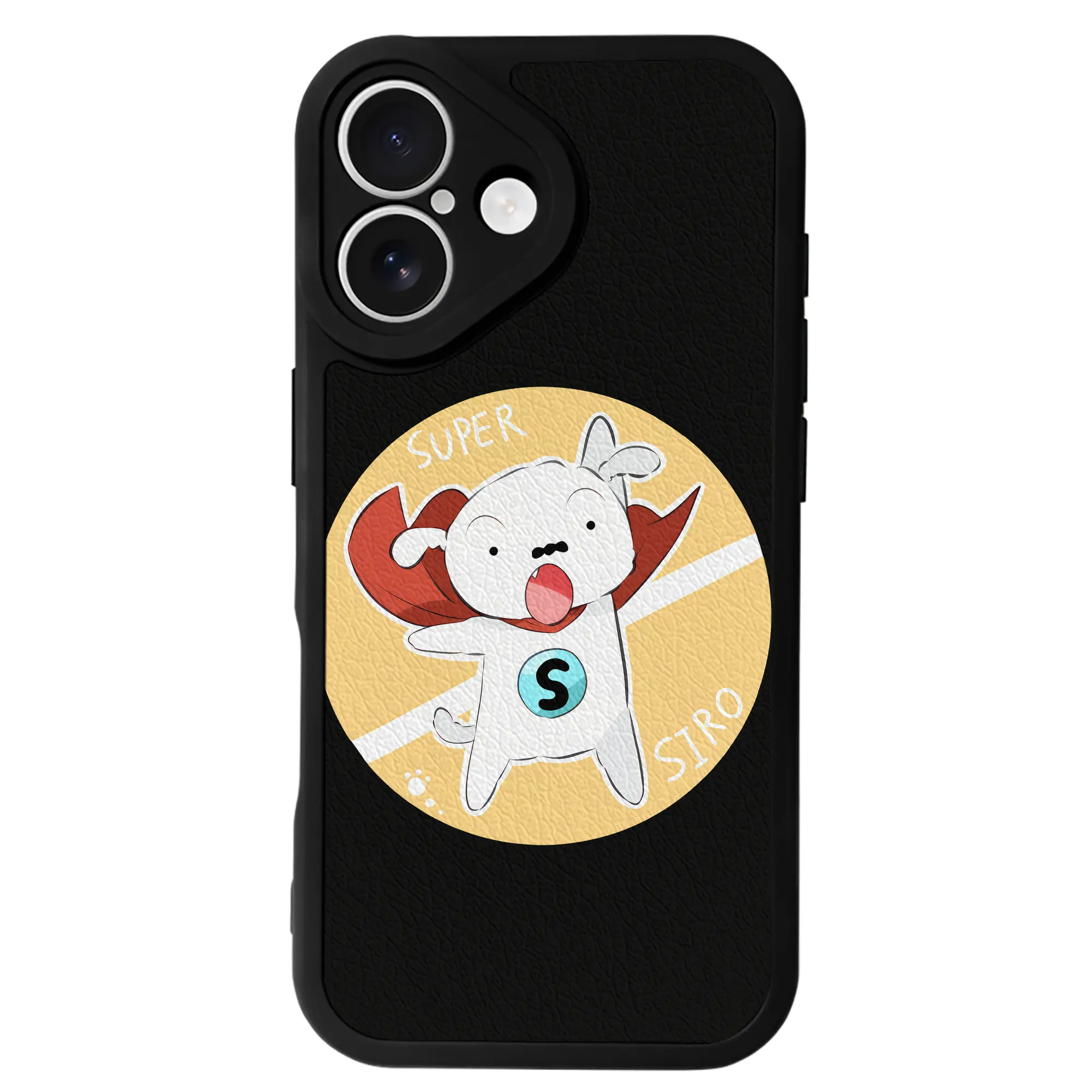 クレヨンしんちゃん グッズ シロ - IPhone 16シリーズ対応 ・ シリコンスマホケース ・ レザー調 ・ 高精度フィット ・ 耐衝撃 ・ ワイヤレス充電対応 ・ 精密カット